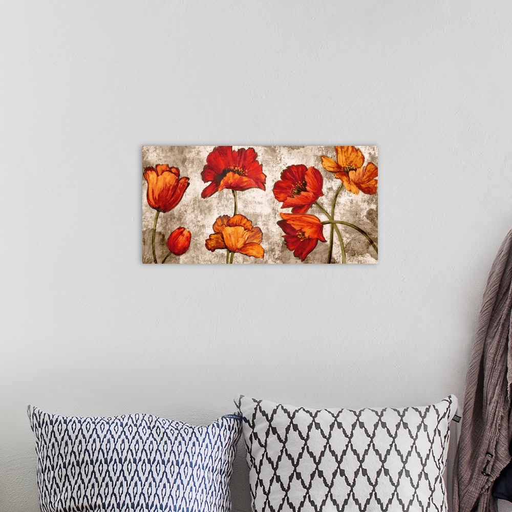 A bohemian room featuring Wide painting of orange and red poppy flowers on a distressed white and brown background.
