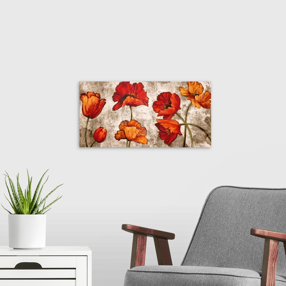 A modern room featuring Wide painting of orange and red poppy flowers on a distressed white and brown background.