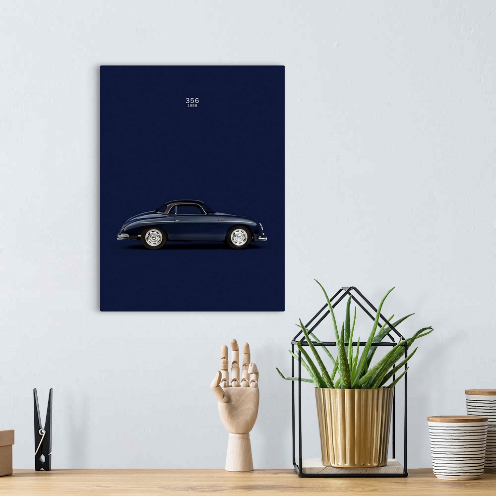 A bohemian room featuring Photograph of a navy blue Porsche 356 1958 Blue printed on a navy blue background