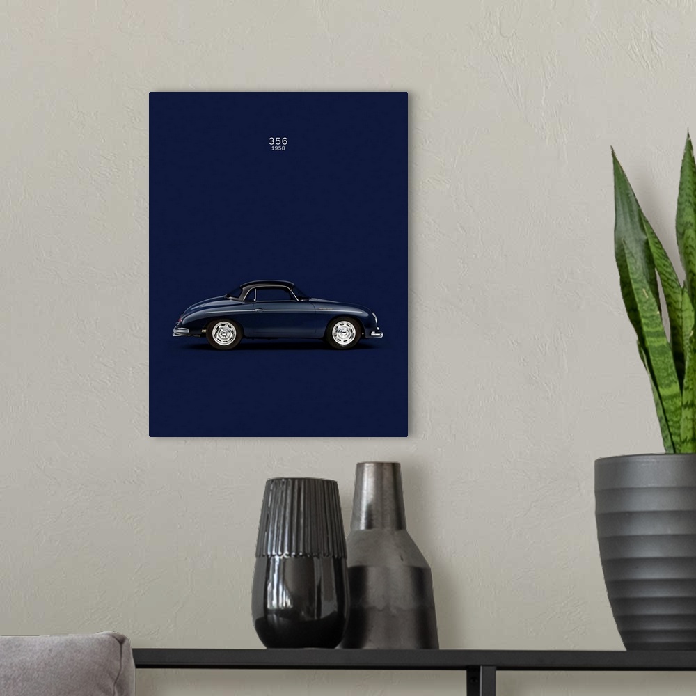 A modern room featuring Photograph of a navy blue Porsche 356 1958 Blue printed on a navy blue background