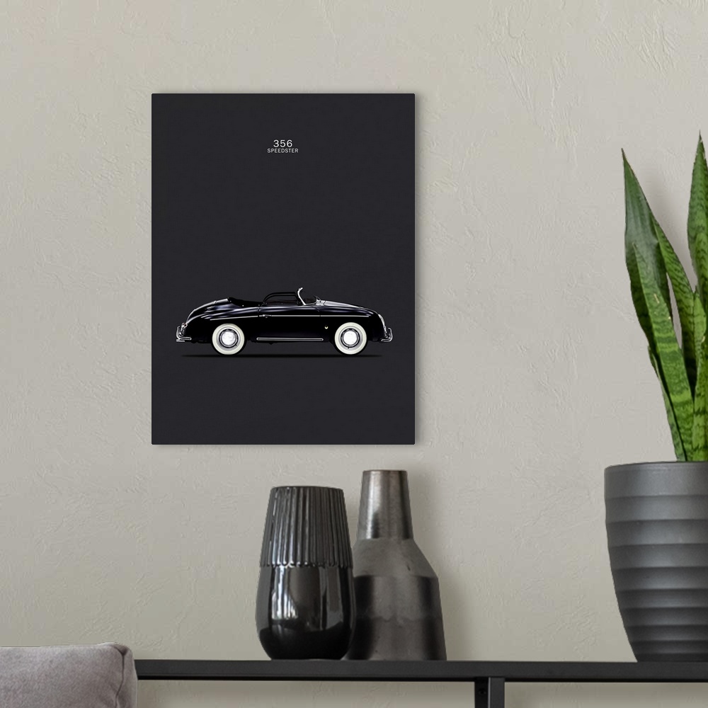 A modern room featuring Photograph of a black Porsche 356 Speedster printed on a black background