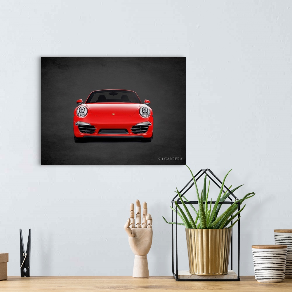 A bohemian room featuring Photograph of a red Porsche 911 Carrera printed on a black background with a dark vignette.