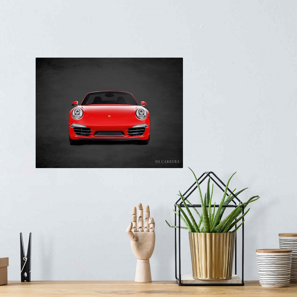 A bohemian room featuring Photograph of a red Porsche 911 Carrera printed on a black background with a dark vignette.