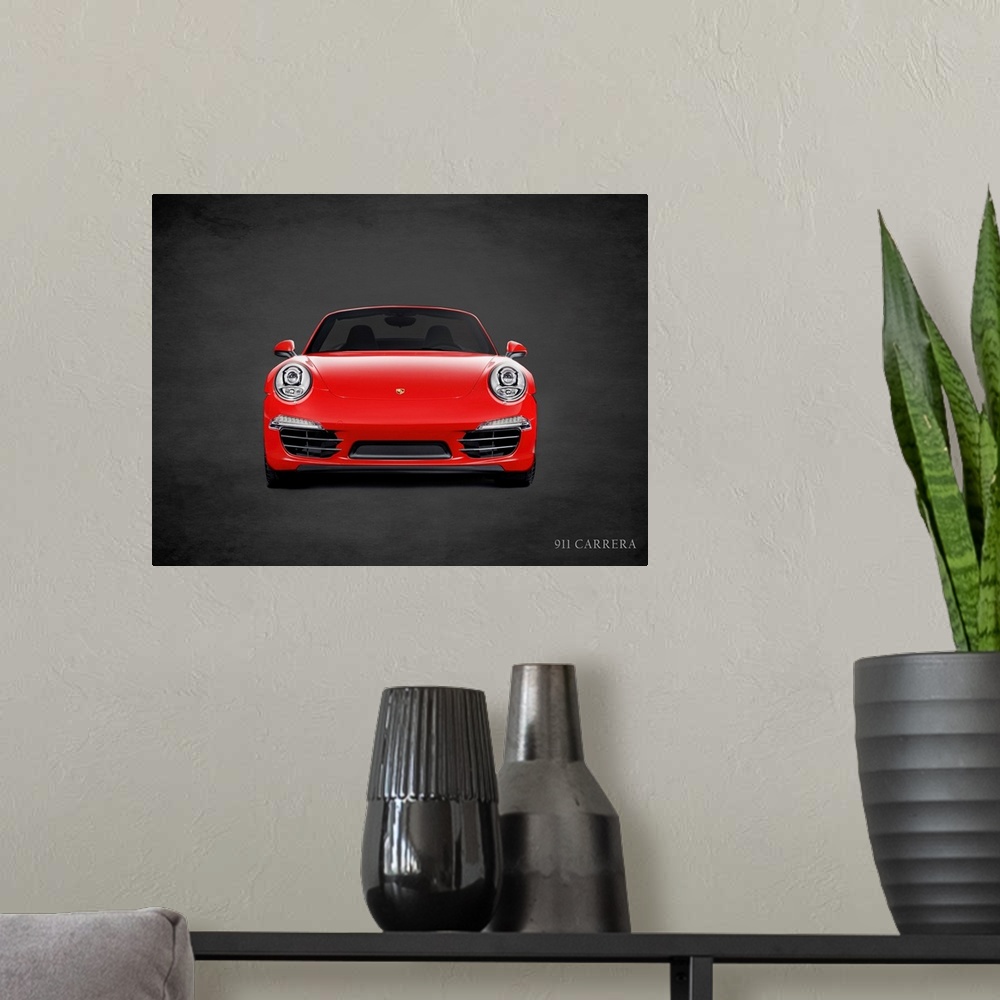 A modern room featuring Photograph of a red Porsche 911 Carrera printed on a black background with a dark vignette.