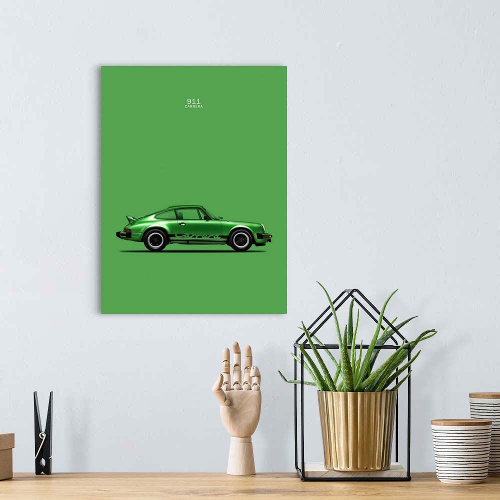 A bohemian room featuring Photograph of a green Porsche 911 Carrera printed on a green background