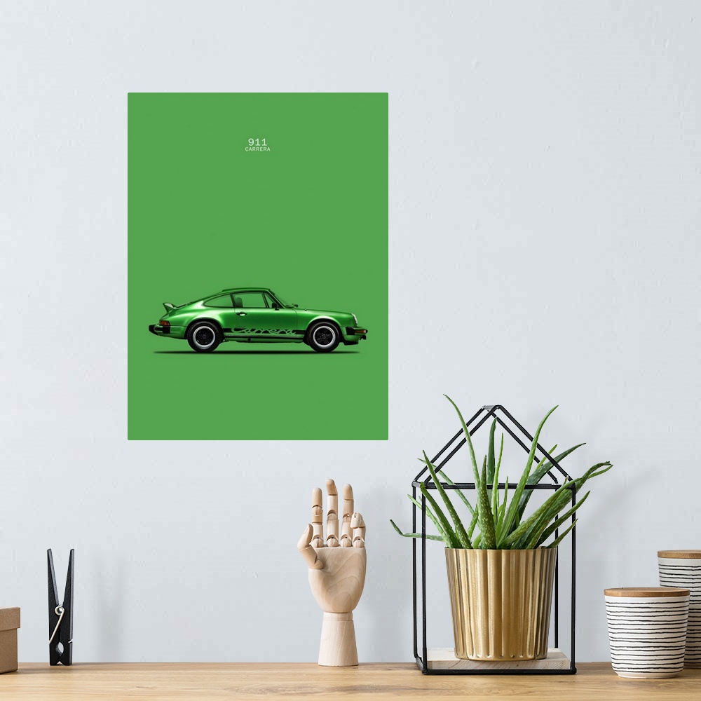 A bohemian room featuring Photograph of a green Porsche 911 Carrera printed on a green background