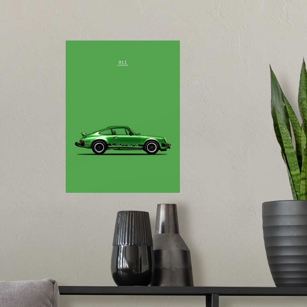 A modern room featuring Photograph of a green Porsche 911 Carrera printed on a green background