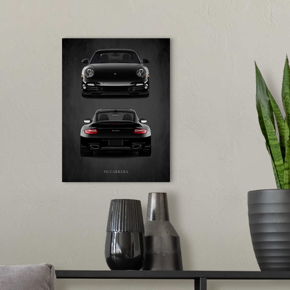 A modern room featuring Photograph of the front and back view of a black Porsche 911 Carrera Turbo printed on a black bac...