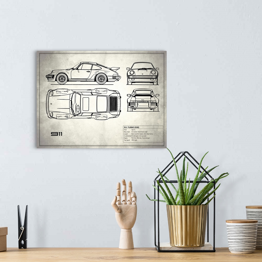 A bohemian room featuring Antique style blueprint diagram of a Porsche 911 Turbo 1977 printed on a weathered white and gray...