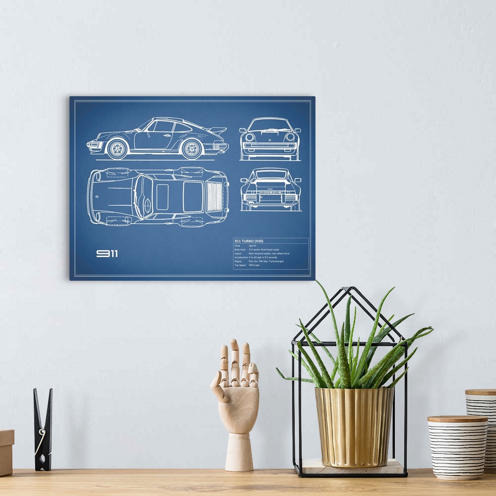 A bohemian room featuring Antique style blueprint diagram of a Porsche 911 Turbo 1977 printed on a  blue background