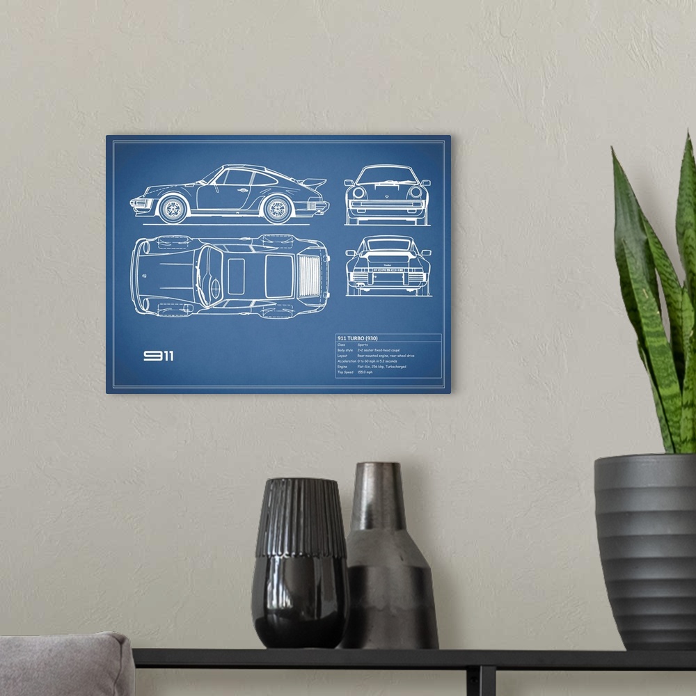A modern room featuring Antique style blueprint diagram of a Porsche 911 Turbo 1977 printed on a  blue background