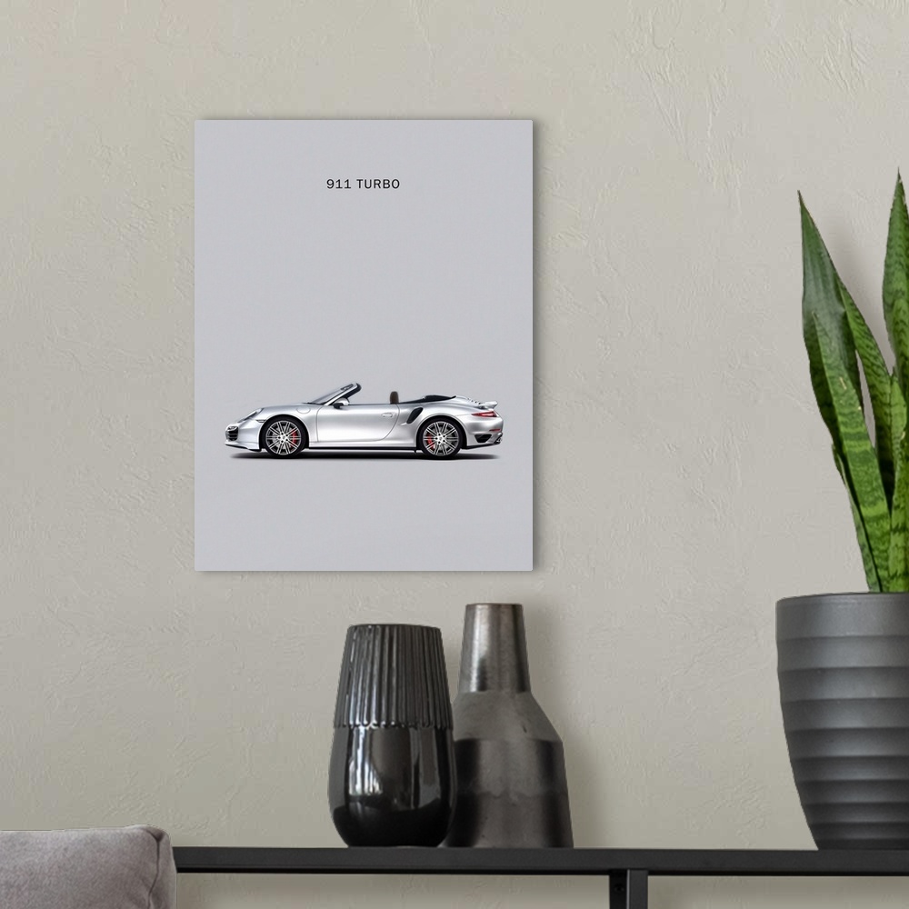 A modern room featuring Photograph of silver Porsche 911 Turbo Grey printed on a gray background