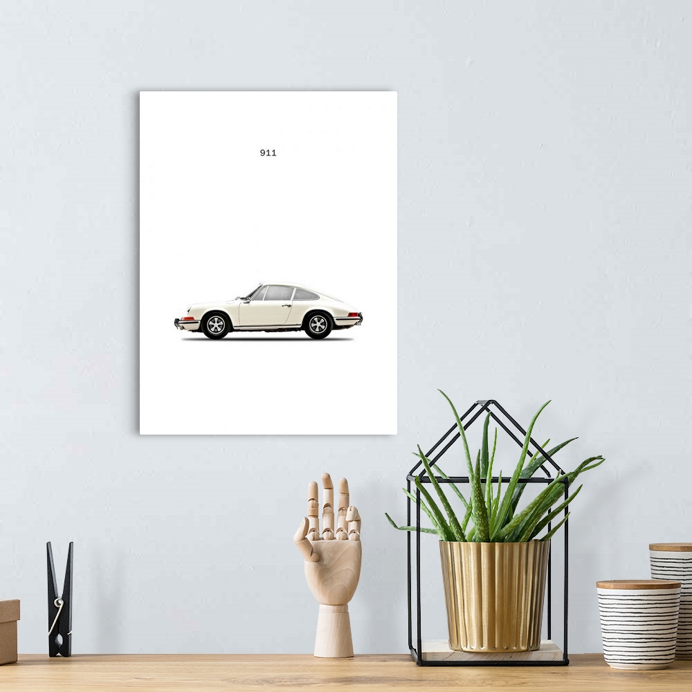 A bohemian room featuring Photograph of a white Porsche 911E 1968 printed on a white background