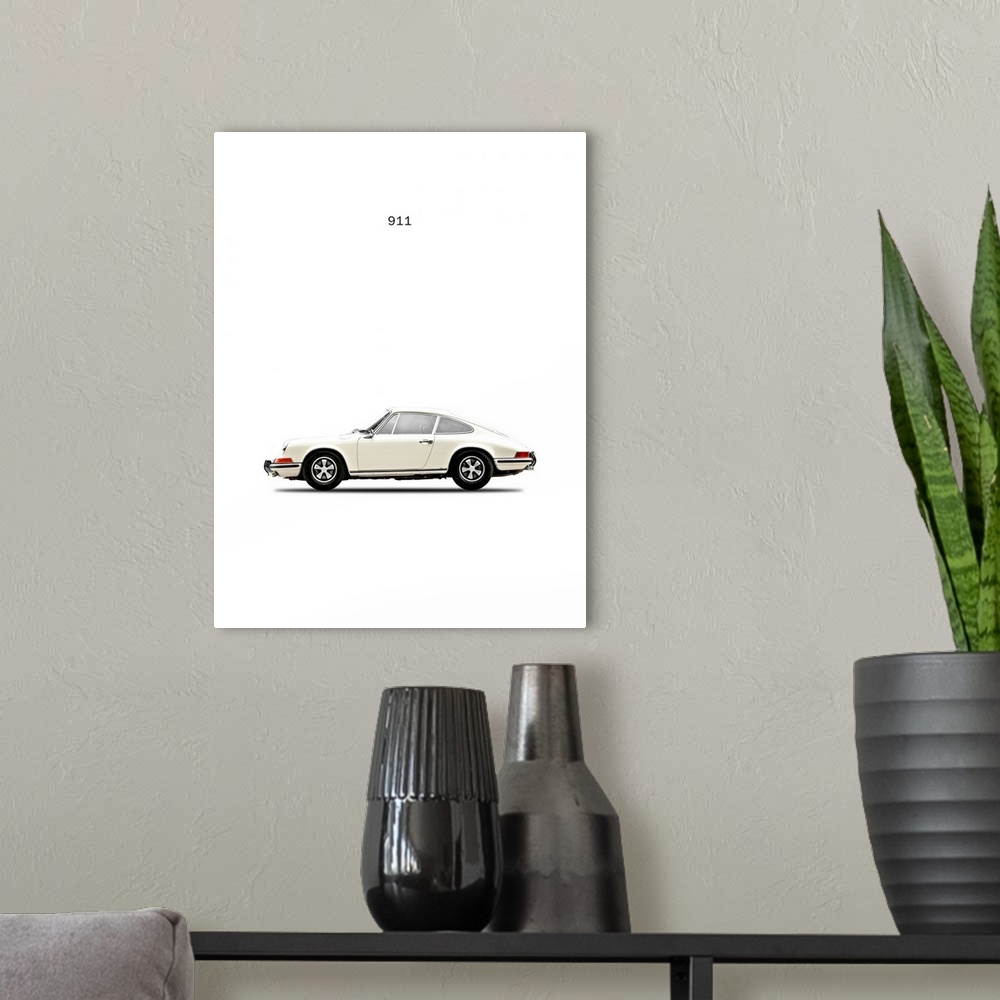 A modern room featuring Photograph of a white Porsche 911E 1968 printed on a white background