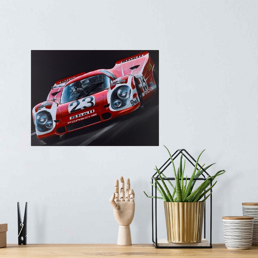 A bohemian room featuring Illustration of a Porsche Formula One car in action on a black background.