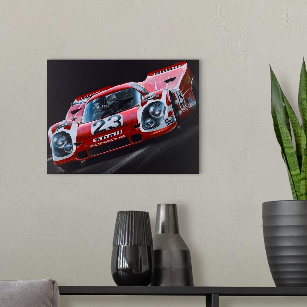A modern room featuring Illustration of a Porsche Formula One car in action on a black background.