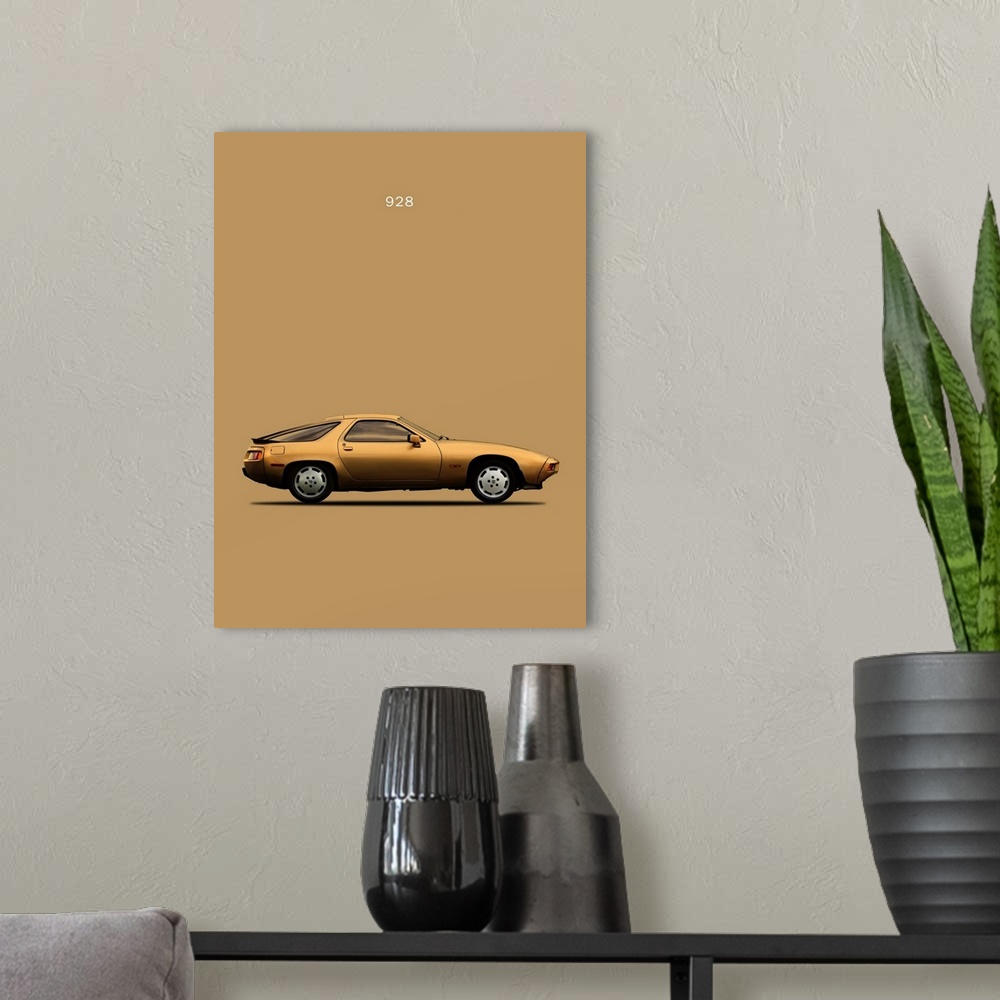 A modern room featuring Photograph of a gold Porsche 928 1979 printed on a gold background
