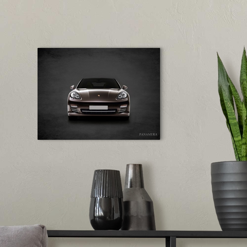 A modern room featuring Photograph of a Porsche Panamera printed on a black background with a dark vignette.
