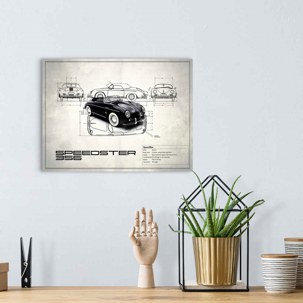 A bohemian room featuring Diagram of a black Porsche Speedster 1959 printed on a white background