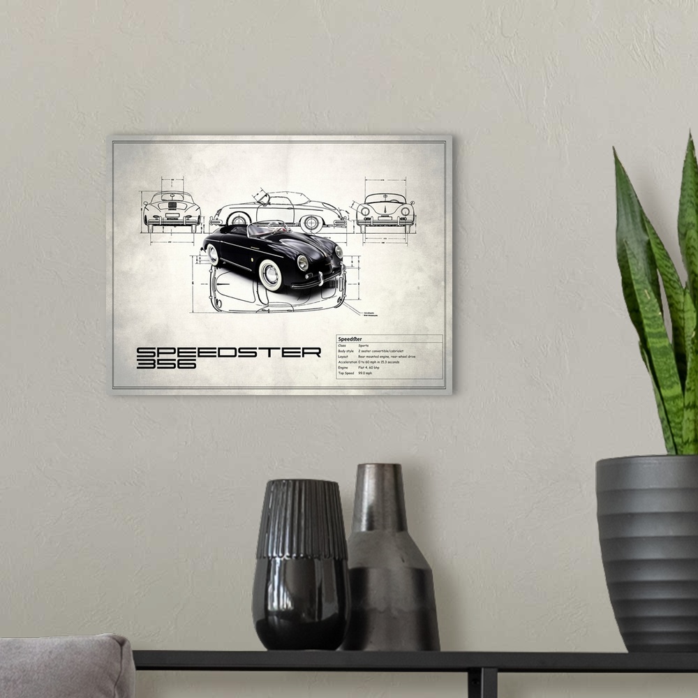 A modern room featuring Diagram of a black Porsche Speedster 1959 printed on a white background