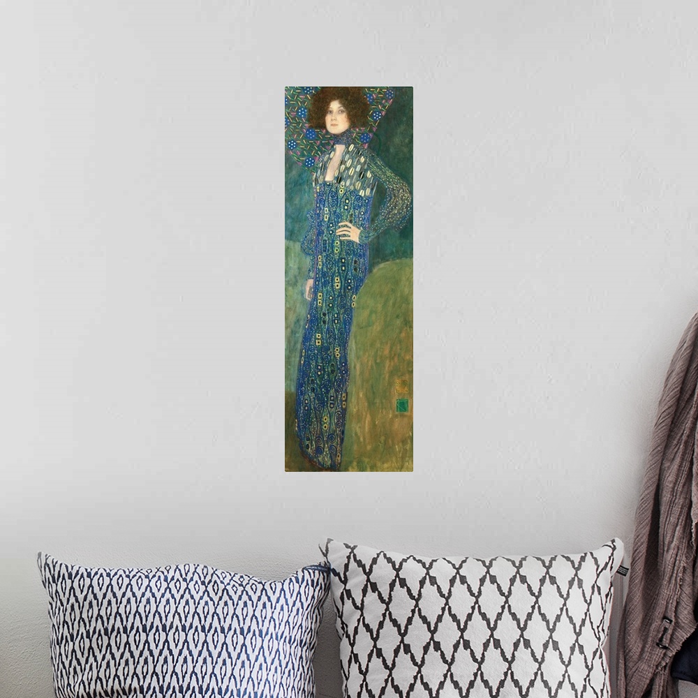 A bohemian room featuring Vertical portrait of a woman wearing a dress with beautiful shapes.