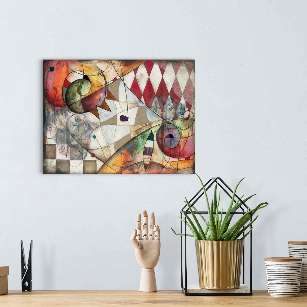 A bohemian room featuring Premiere I by Eric Waugh. A colorful square abstract painting of striking shapes against a checke...