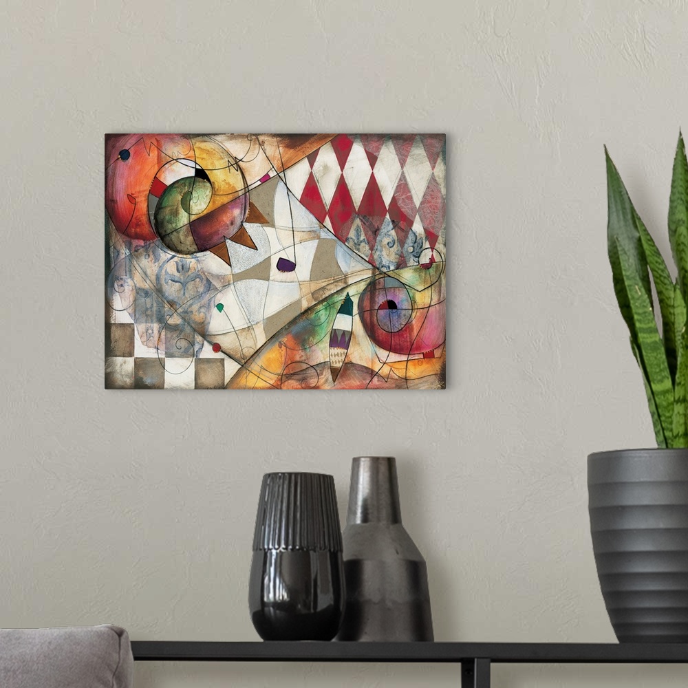A modern room featuring Premiere I by Eric Waugh. A colorful square abstract painting of striking shapes against a checke...