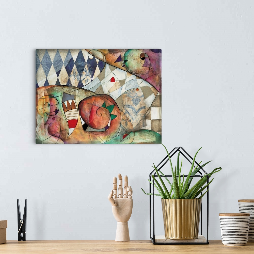 A bohemian room featuring Premiere II by Eric Waugh. A colorful square abstract painting of striking shapes against a check...