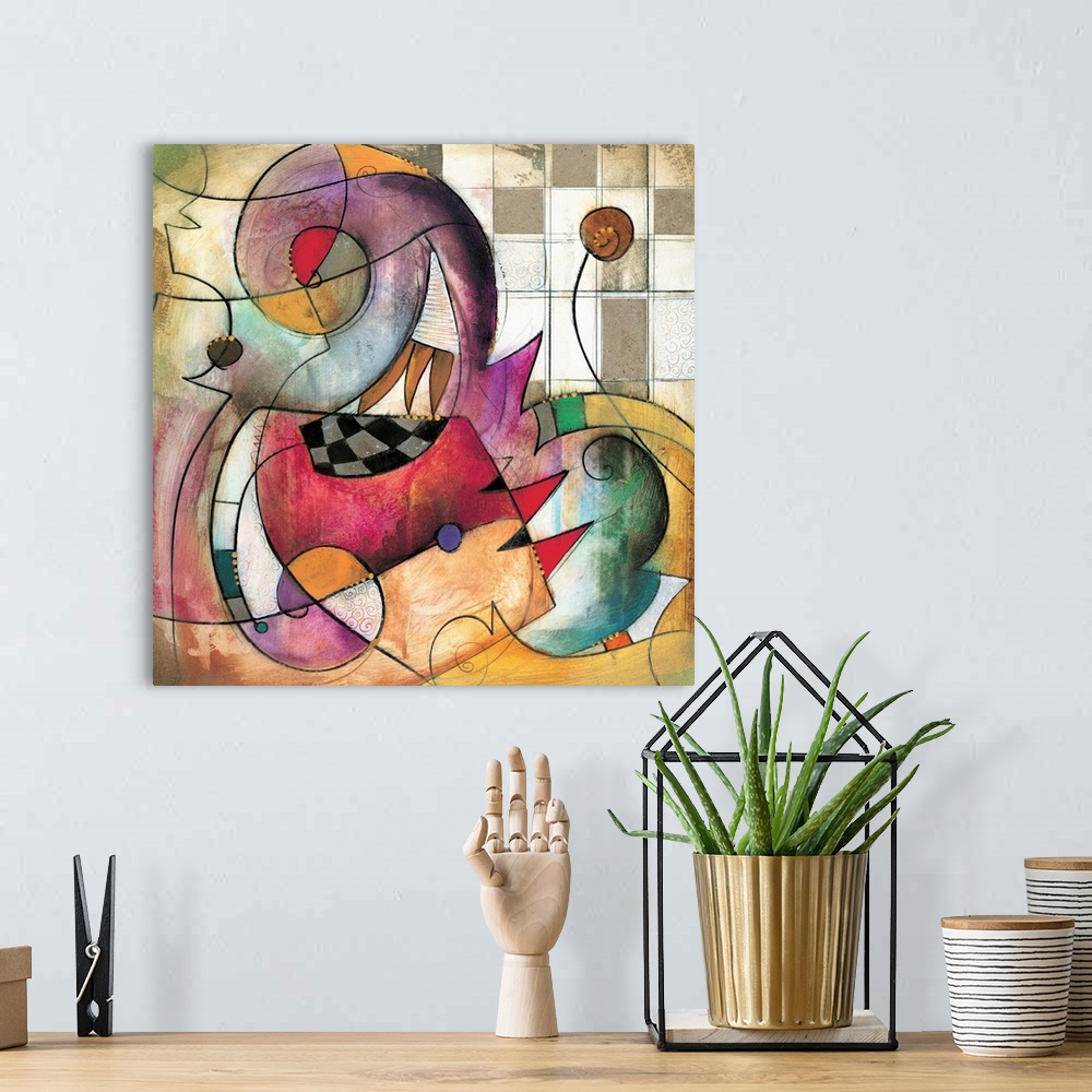 A bohemian room featuring Primo II by Eric Waugh.  A colorful square abstract painting of striking shapes against a checker...