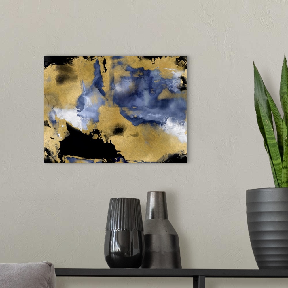 A modern room featuring Abstract painting with black and metallic gold on an indigo and white background.
