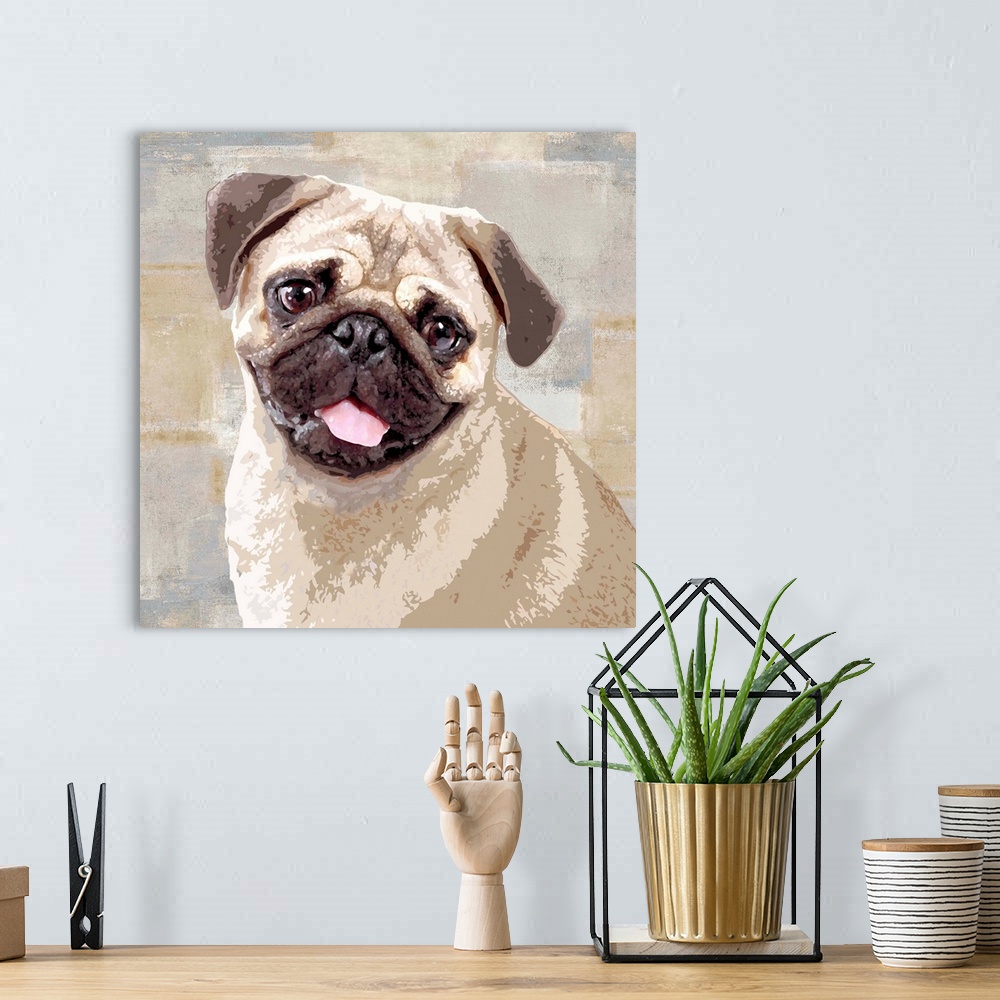 A bohemian room featuring Square decor with a portrait of a Pug on a layered gray, blue, and tan background.