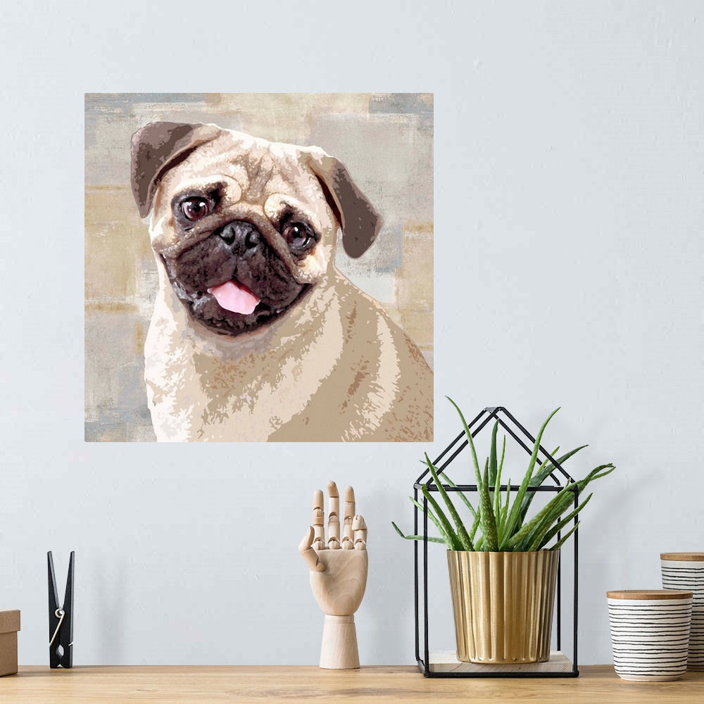A bohemian room featuring Square decor with a portrait of a Pug on a layered gray, blue, and tan background.