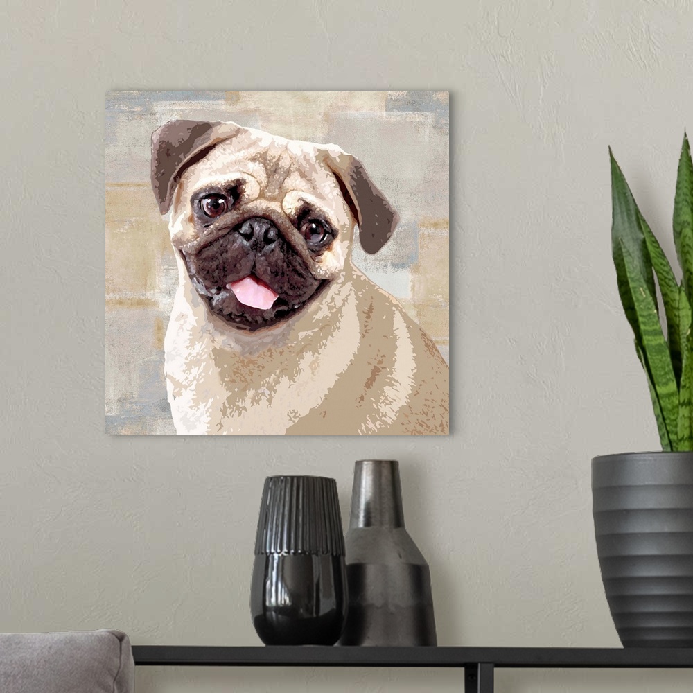 A modern room featuring Square decor with a portrait of a Pug on a layered gray, blue, and tan background.