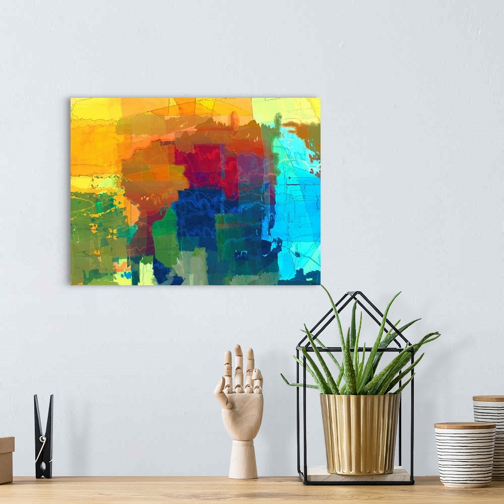 A bohemian room featuring Vibrant abstract art with translucent hues layered on top of each other in different free formed ...
