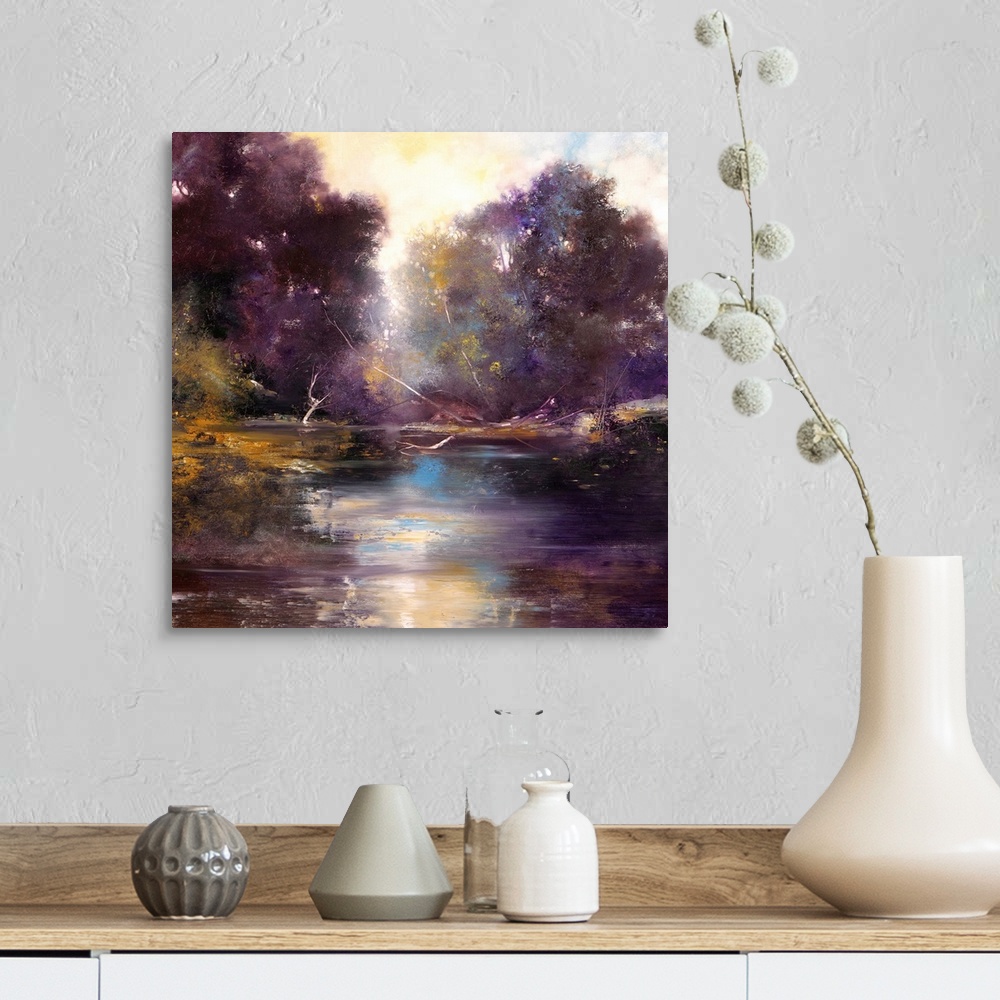 A farmhouse room featuring Contemporary painting of plants and trees reflecting in the water in tones of purple.