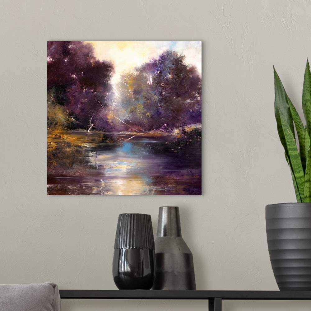 A modern room featuring Contemporary painting of plants and trees reflecting in the water in tones of purple.