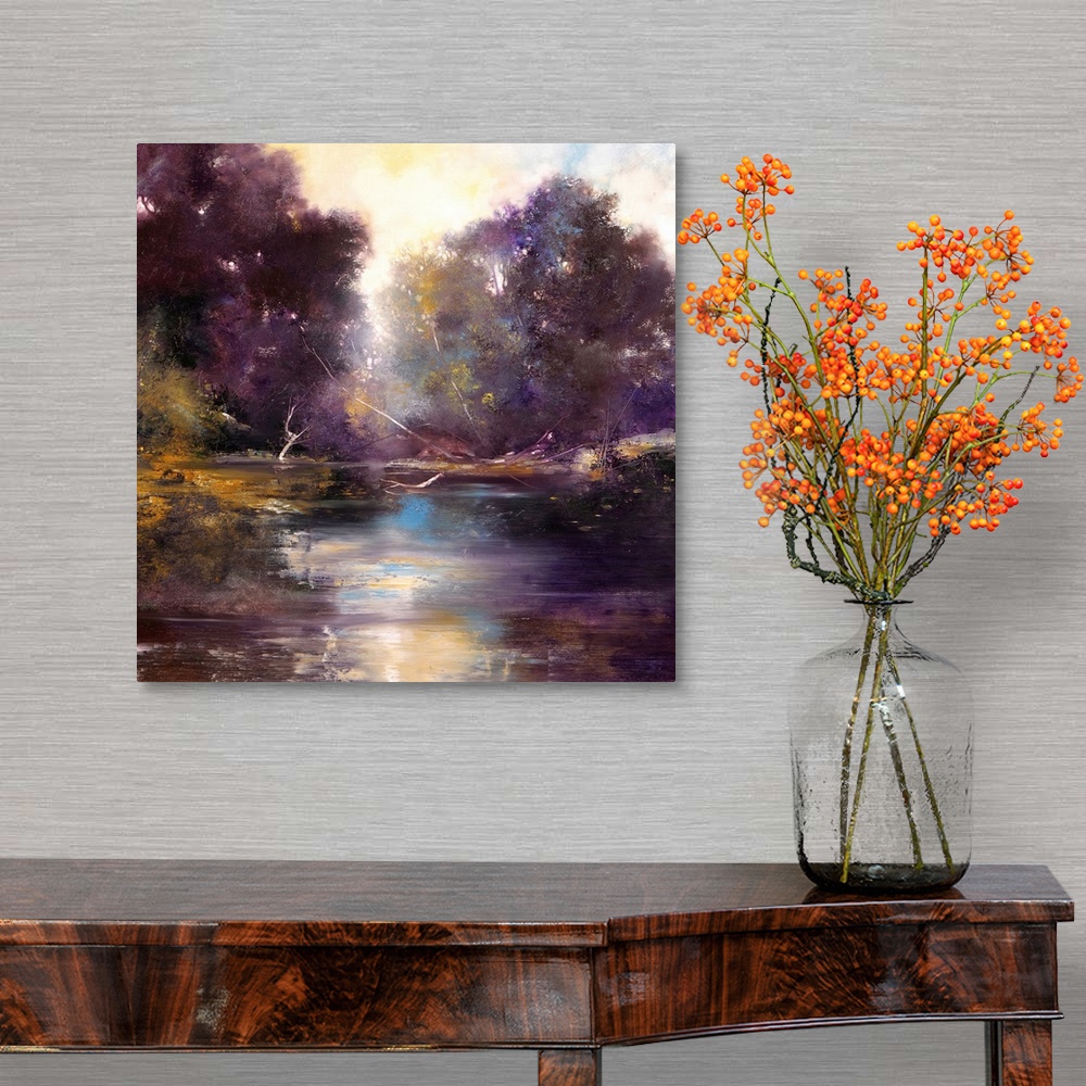 A traditional room featuring Contemporary painting of plants and trees reflecting in the water in tones of purple.