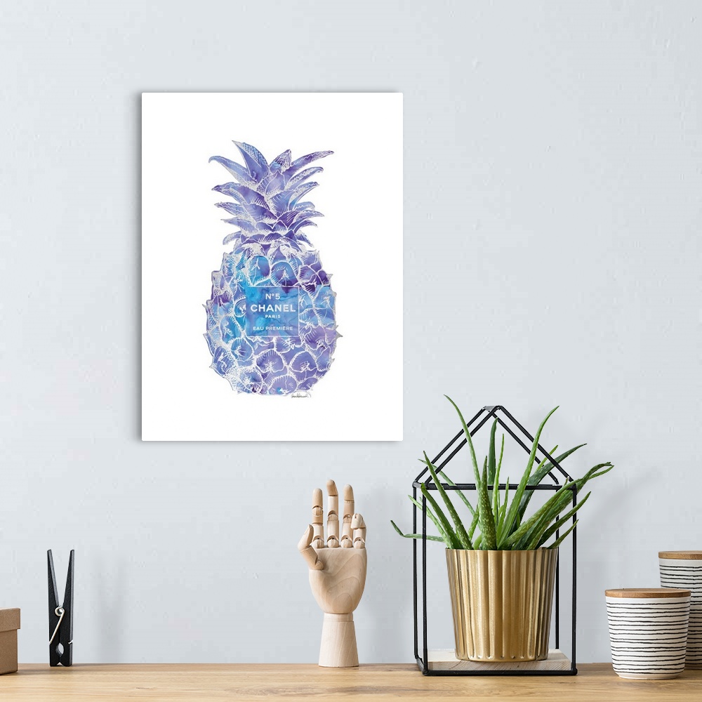 A bohemian room featuring Line art design of a pineapple with a No. 5 Chanel perfume label over it.