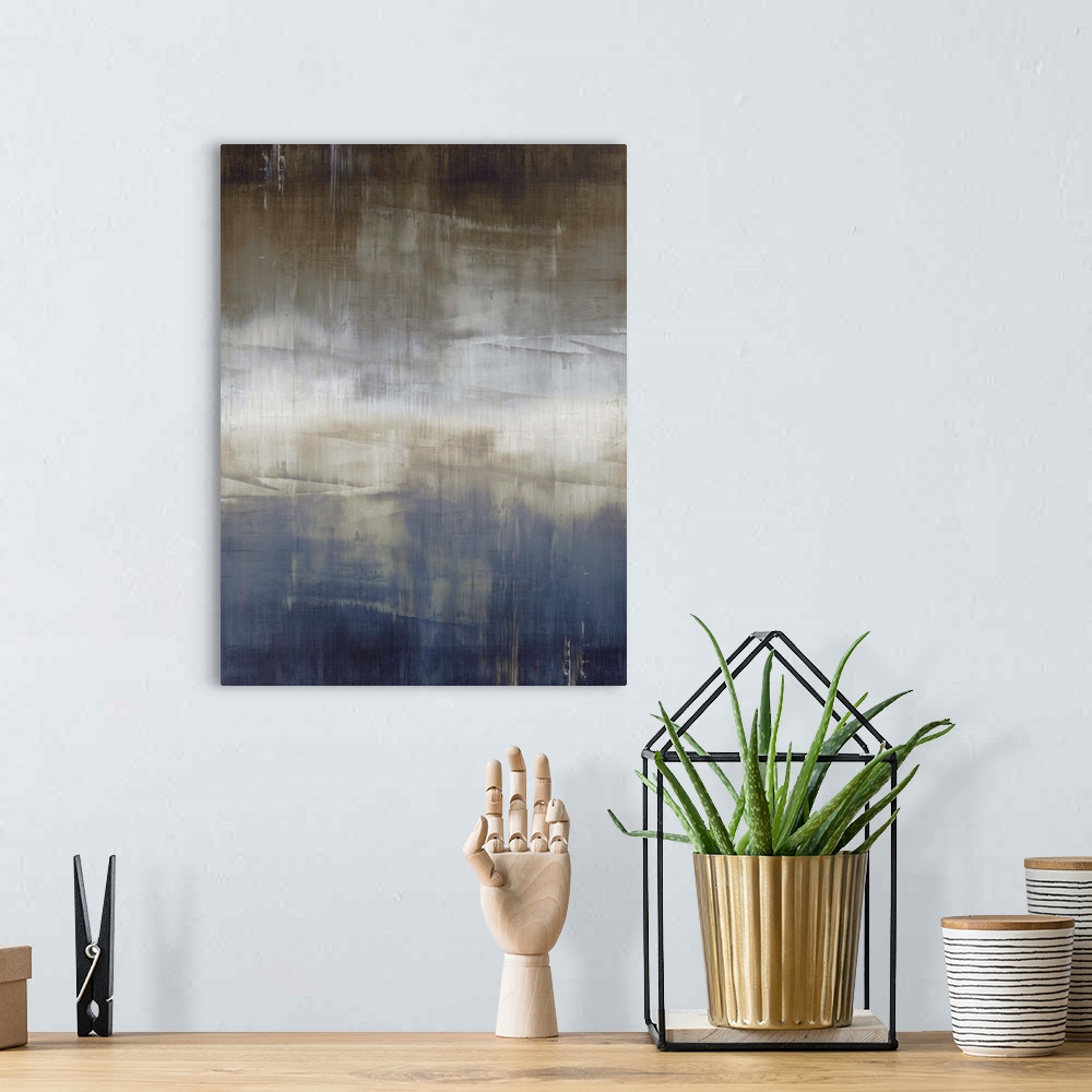 A bohemian room featuring Abstract artwork of vertical brush strokes in blue, white and brown with visible horizontal lines...