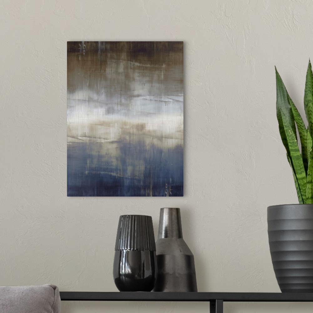 A modern room featuring Abstract artwork of vertical brush strokes in blue, white and brown with visible horizontal lines...