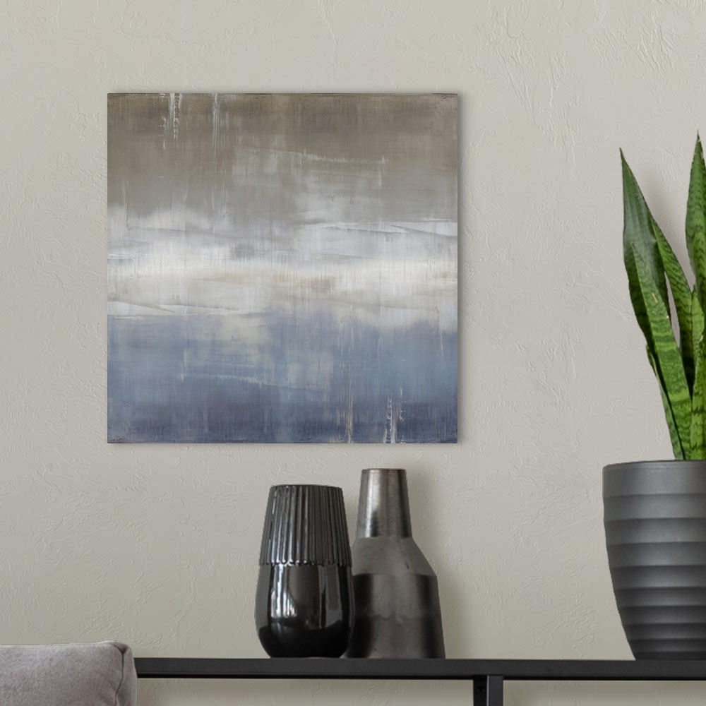 A modern room featuring Abstract artwork of vertical brush strokes in blue, white and brown with visible horizontal lines...