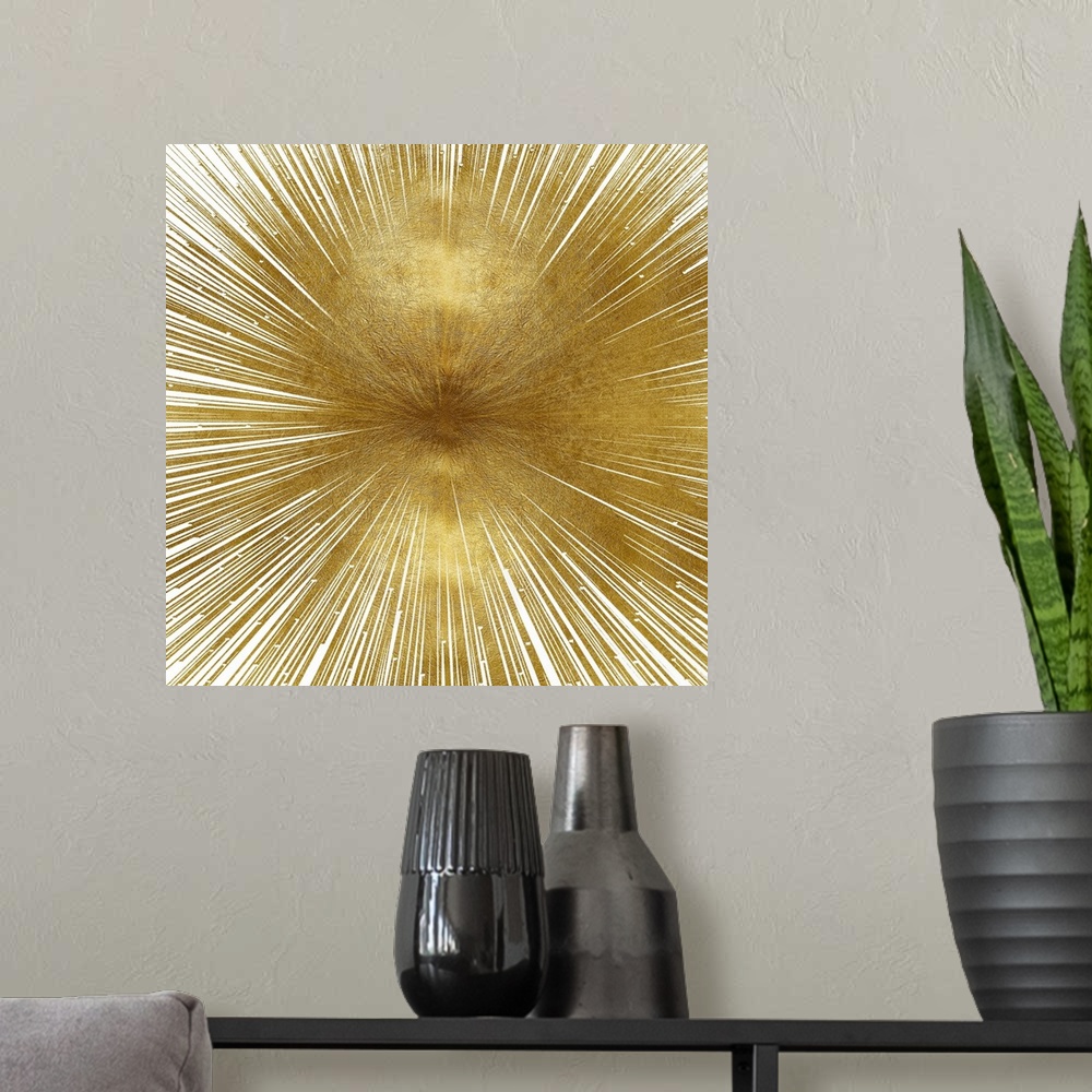 A modern room featuring Square decor with a circular shape made out of thin gold lines angled out and disappearing into t...