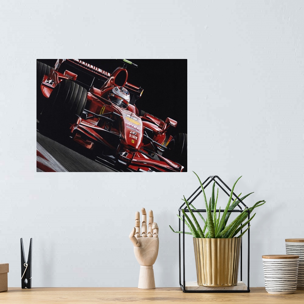 A bohemian room featuring Illustration of a Fiat Formula One car in action on a black background.