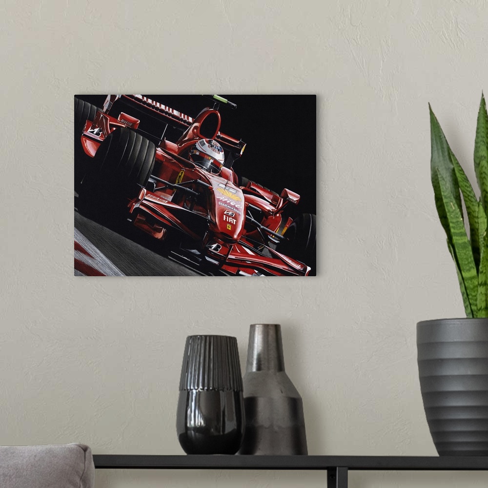 A modern room featuring Illustration of a Fiat Formula One car in action on a black background.