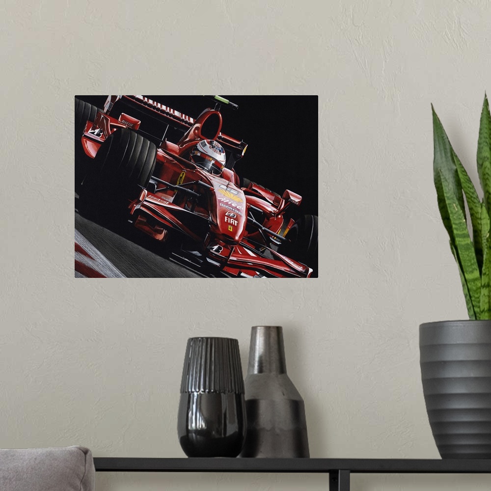 A modern room featuring Illustration of a Fiat Formula One car in action on a black background.