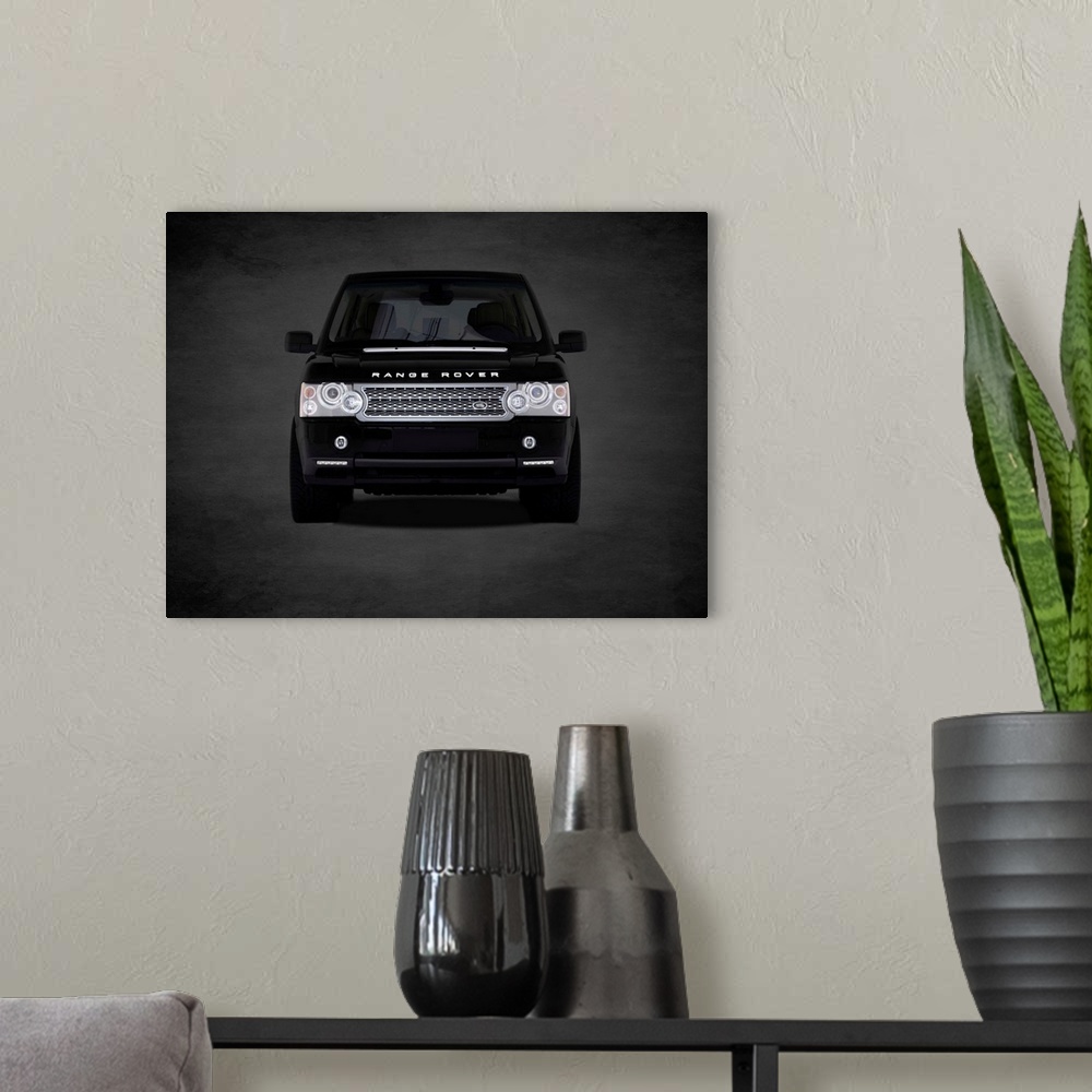 A modern room featuring Photograph of a black Range Rover printed on a black background with a dark vignette.