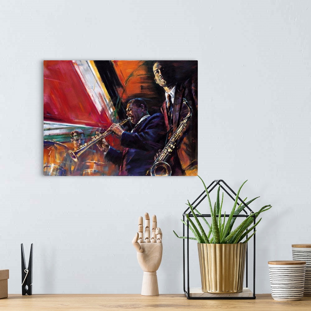 A bohemian room featuring Contemporary painting of Jazz musicians playing saxophone, soprano saxophone, and drums.