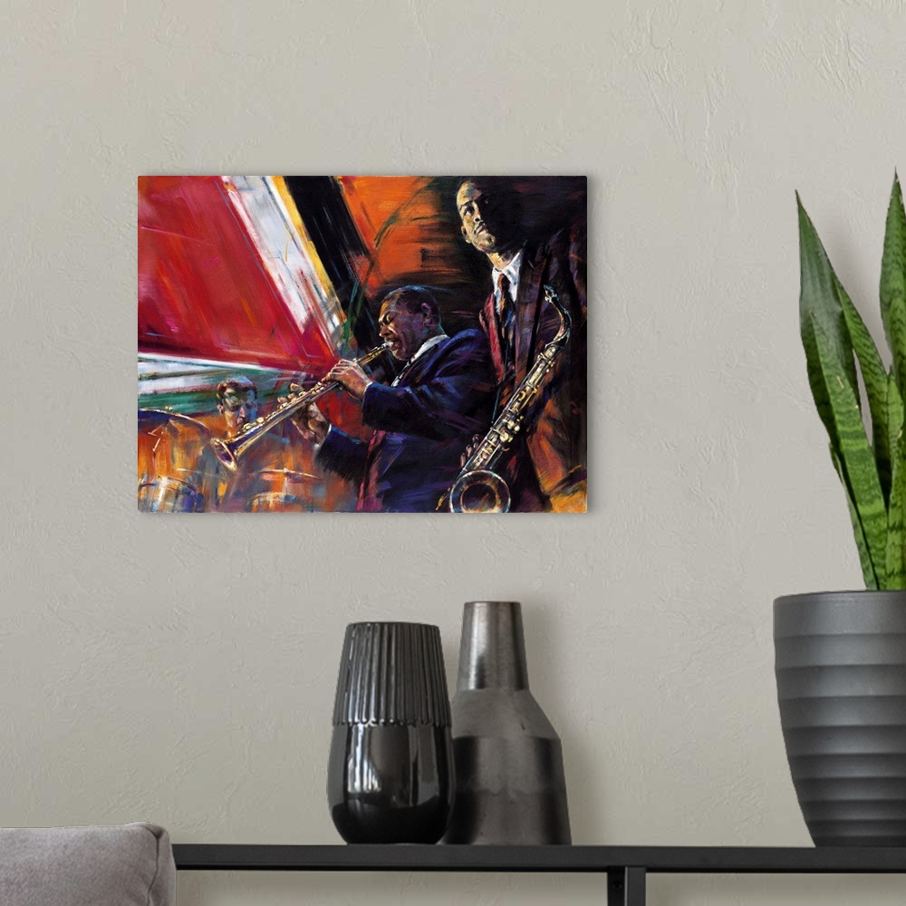A modern room featuring Contemporary painting of Jazz musicians playing saxophone, soprano saxophone, and drums.