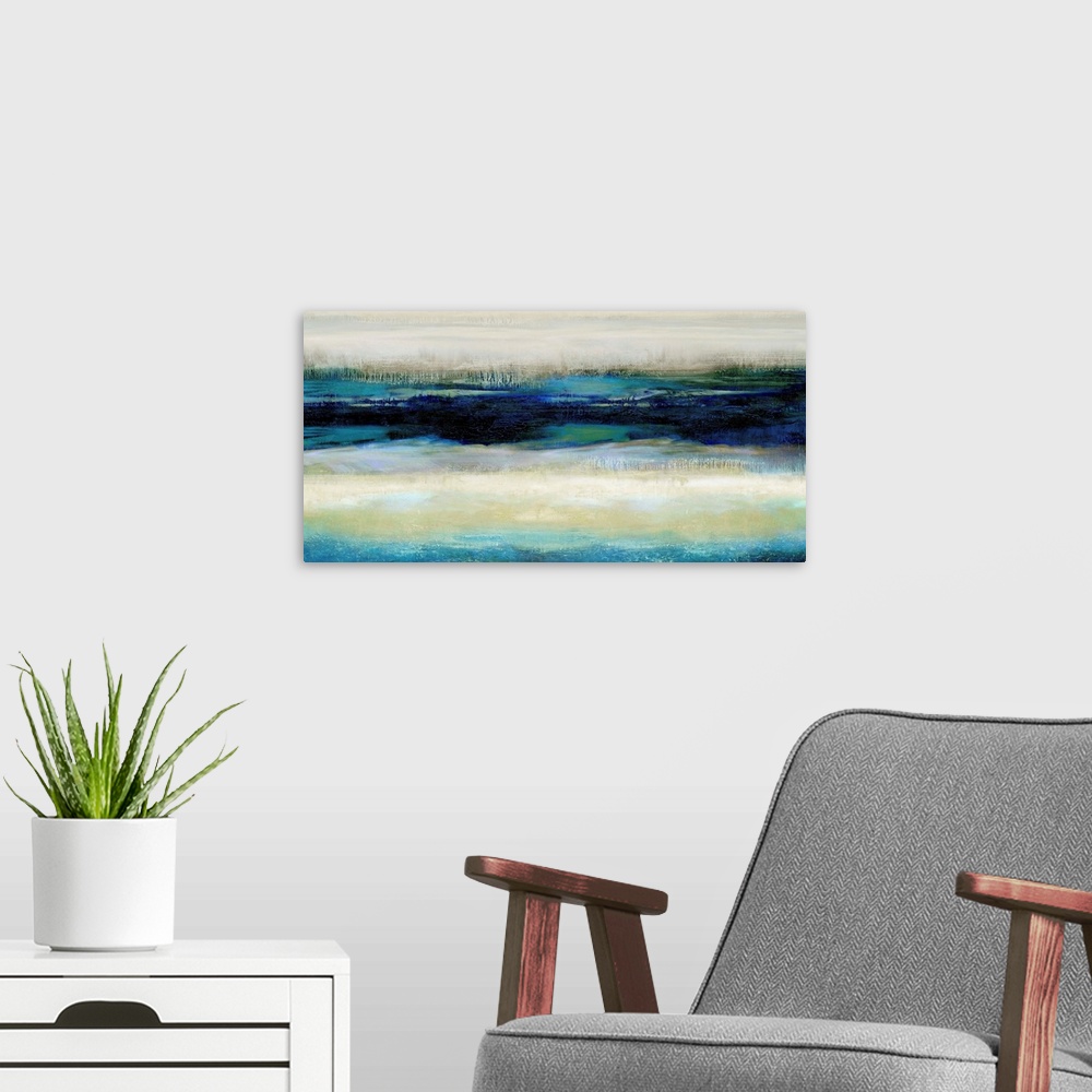 A modern room featuring Contemporary abstract painting with shades of blue and green running horizontally across the canvas.