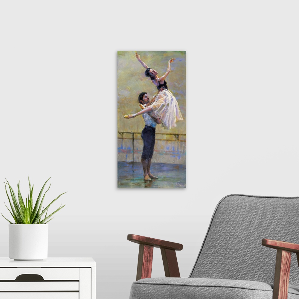 A modern room featuring Contemporary painting of two dancers practicing in the ballet room.
